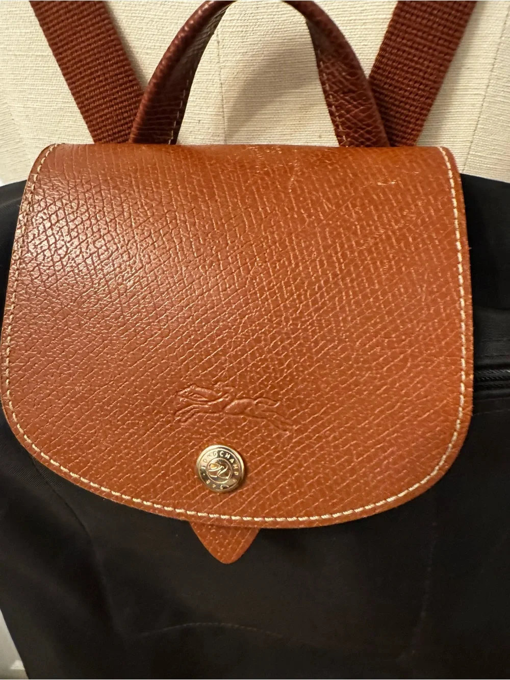 Longchamp Black Backpack with Brown Leather Flap